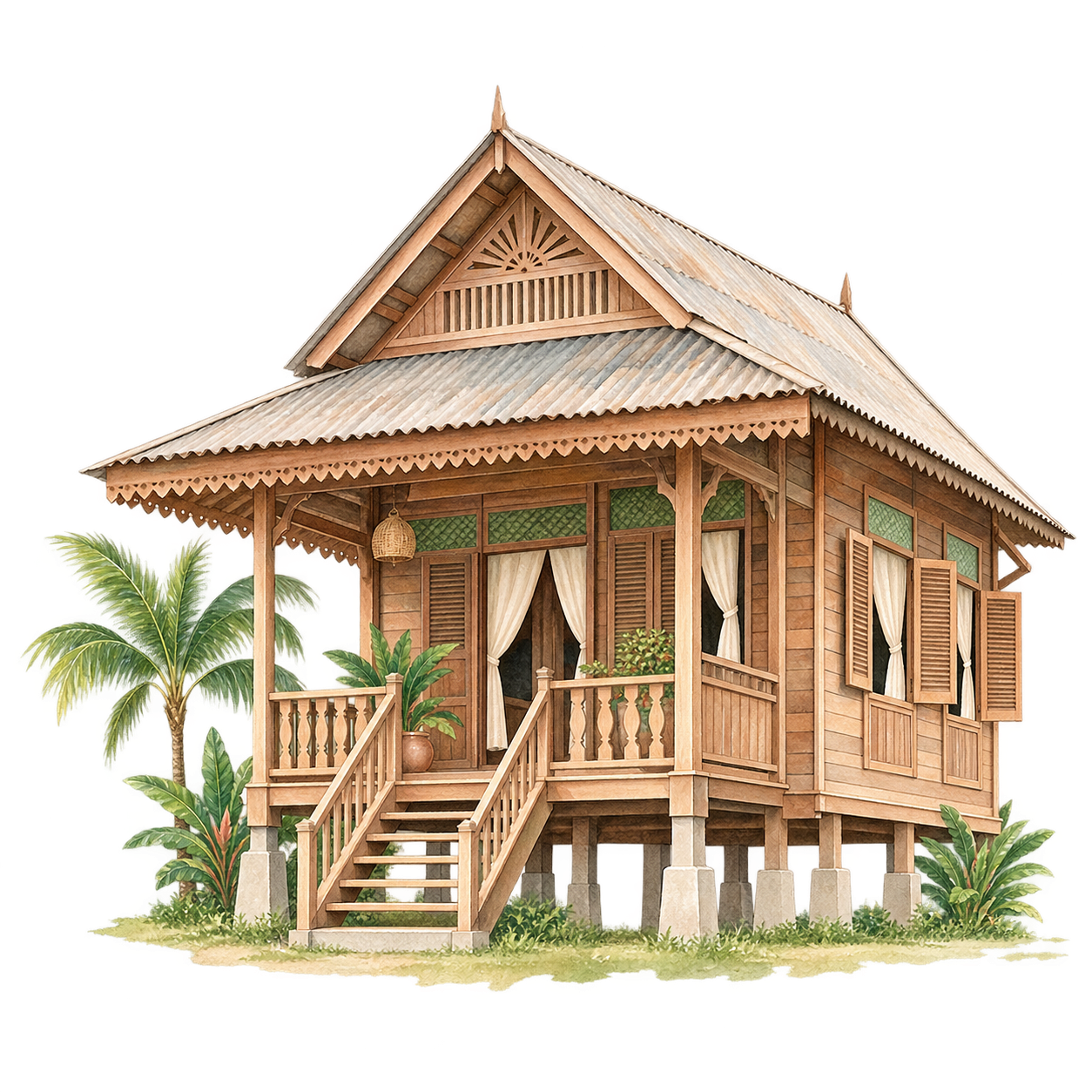 Watercolor rumah kampung illustration